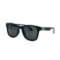 Black Wayfarer-style sunglasses with dark lenses and a silver-toned metal logo accent on the temple 