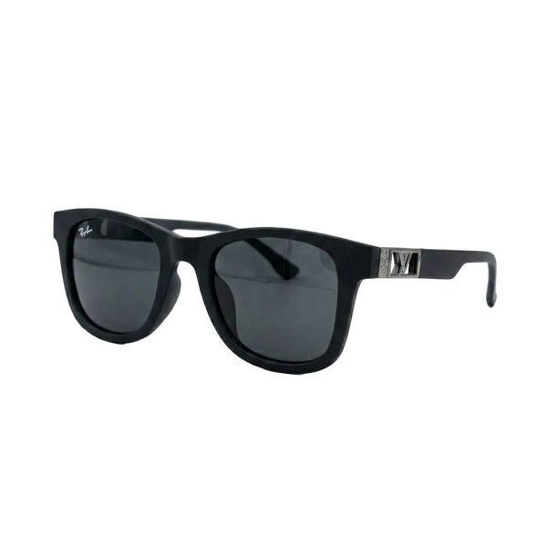 Black Wayfarer-style sunglasses with dark lenses and a silver-toned metal logo accent on the temple 