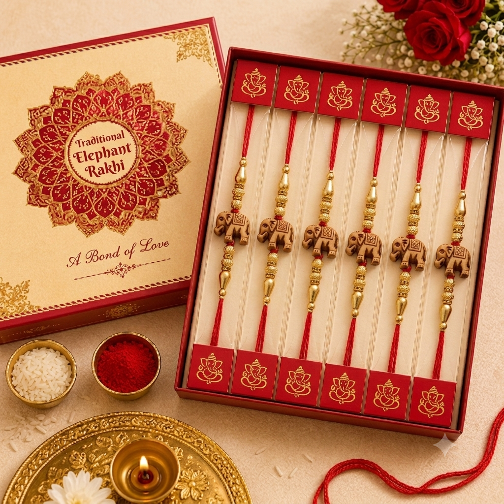 Wooden Elephant Designer Rakhi Online | Traditional Gold Bead Rakhi