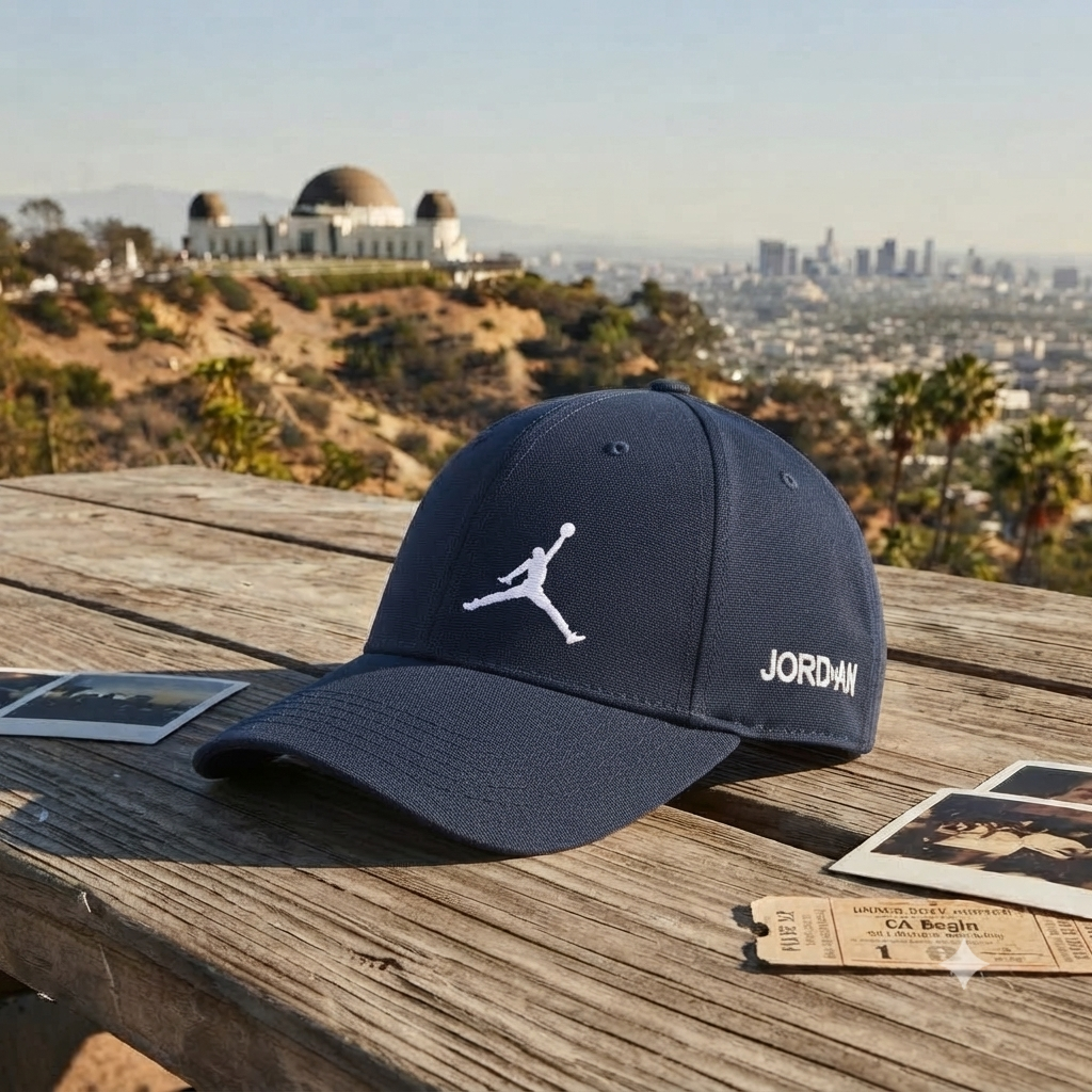 A navy blue Jordan baseball cap with a white Jumpman logo and 'JORDAN' text, resting on a weathered wooden table with a scenic view of the Los Angeles skyline and Griffith Park in the background.
