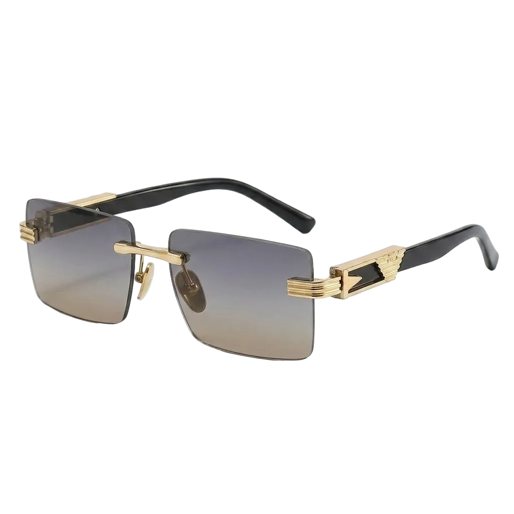 Rimless square sunglasses with gradient gray lenses, gold metal hardware, and black temples on a clean white background.