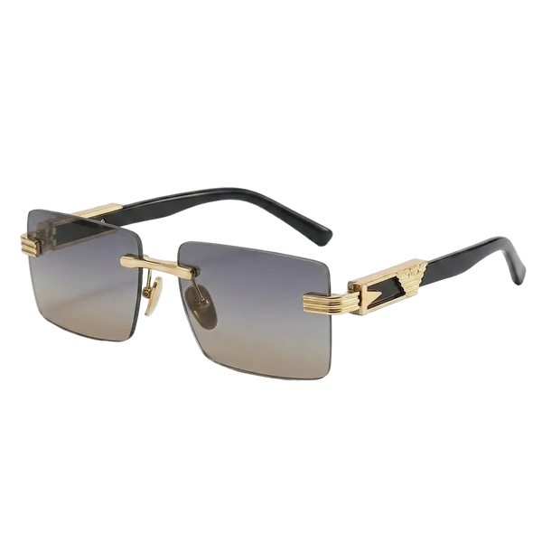 Rimless square sunglasses with gradient gray lenses, gold metal hardware, and black temples on a clean white background.