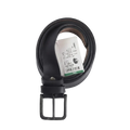 A black leather belt with a black metal buckle, neatly coiled on a light gray background. A white paper tag is attached to the belt loop.