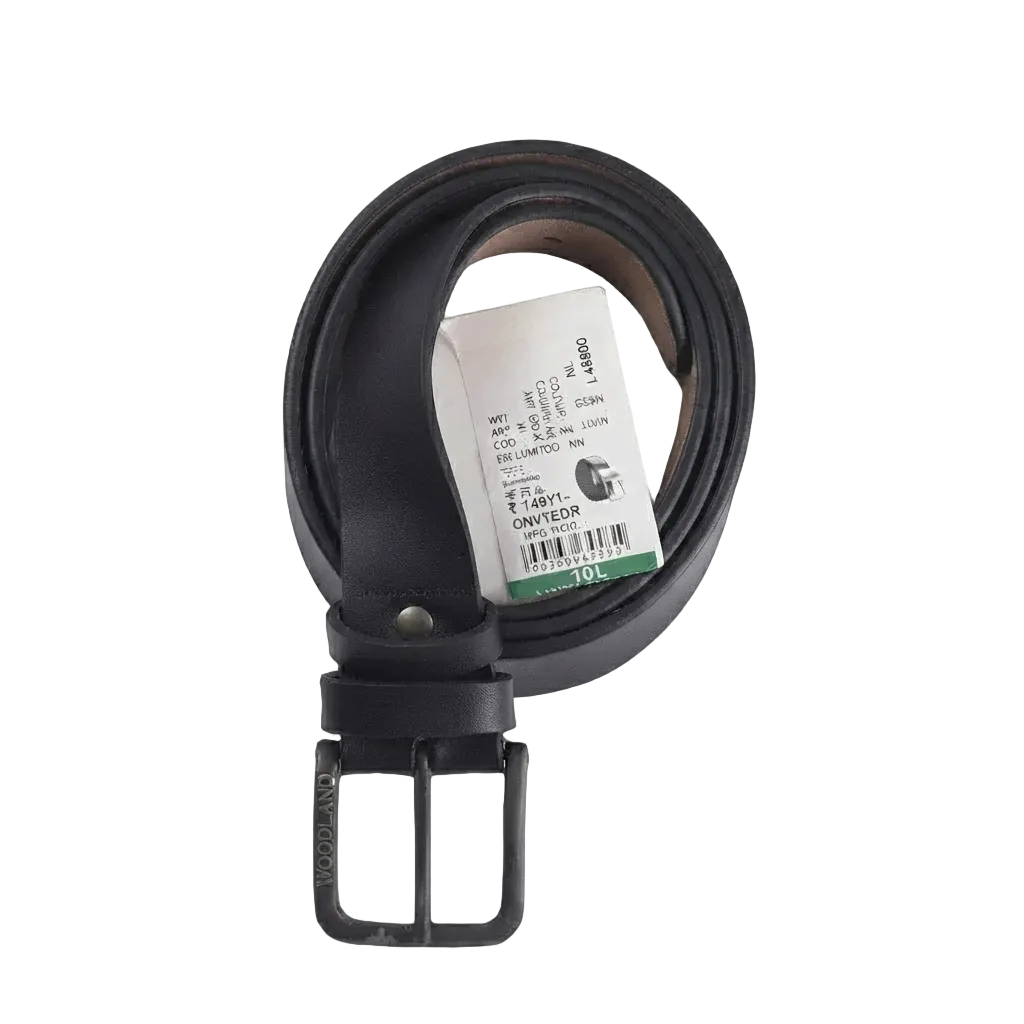 A black leather belt with a black metal buckle, neatly coiled on a light gray background. A white paper tag is attached to the belt loop.