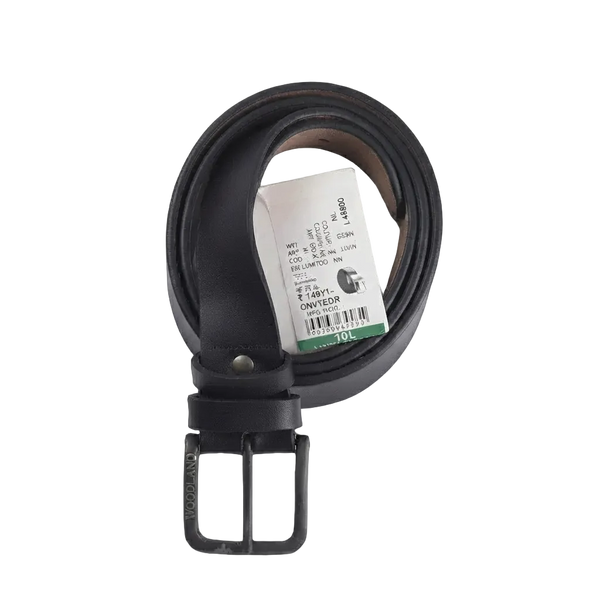 A black leather belt with a black metal buckle, neatly coiled on a light gray background. A white paper tag is attached to the belt loop.