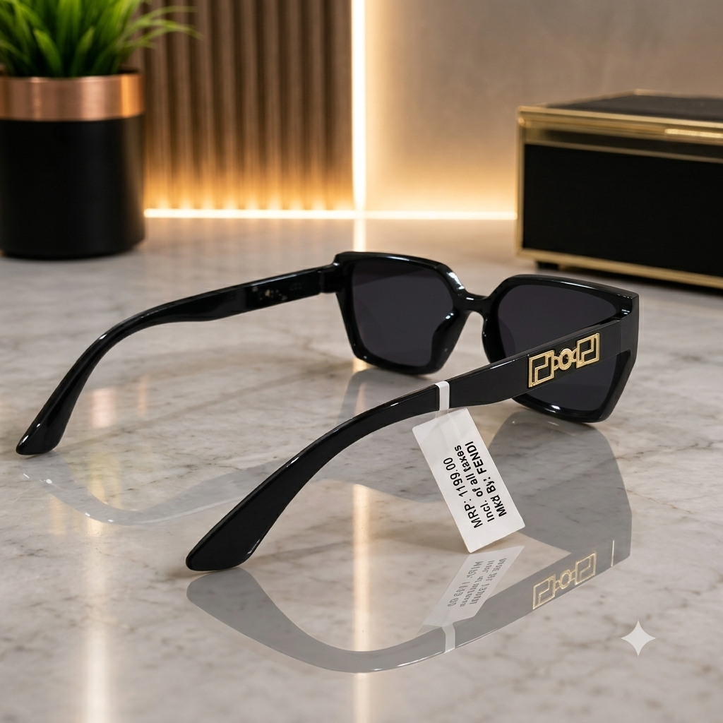Premium Black Square Sunglasses with Gold Geometric Detail