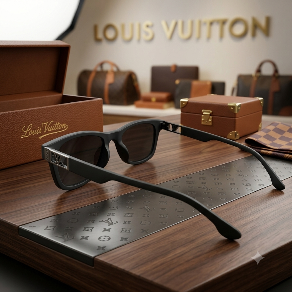 Louis Vuitton sunglasses with black frames and dark lenses,