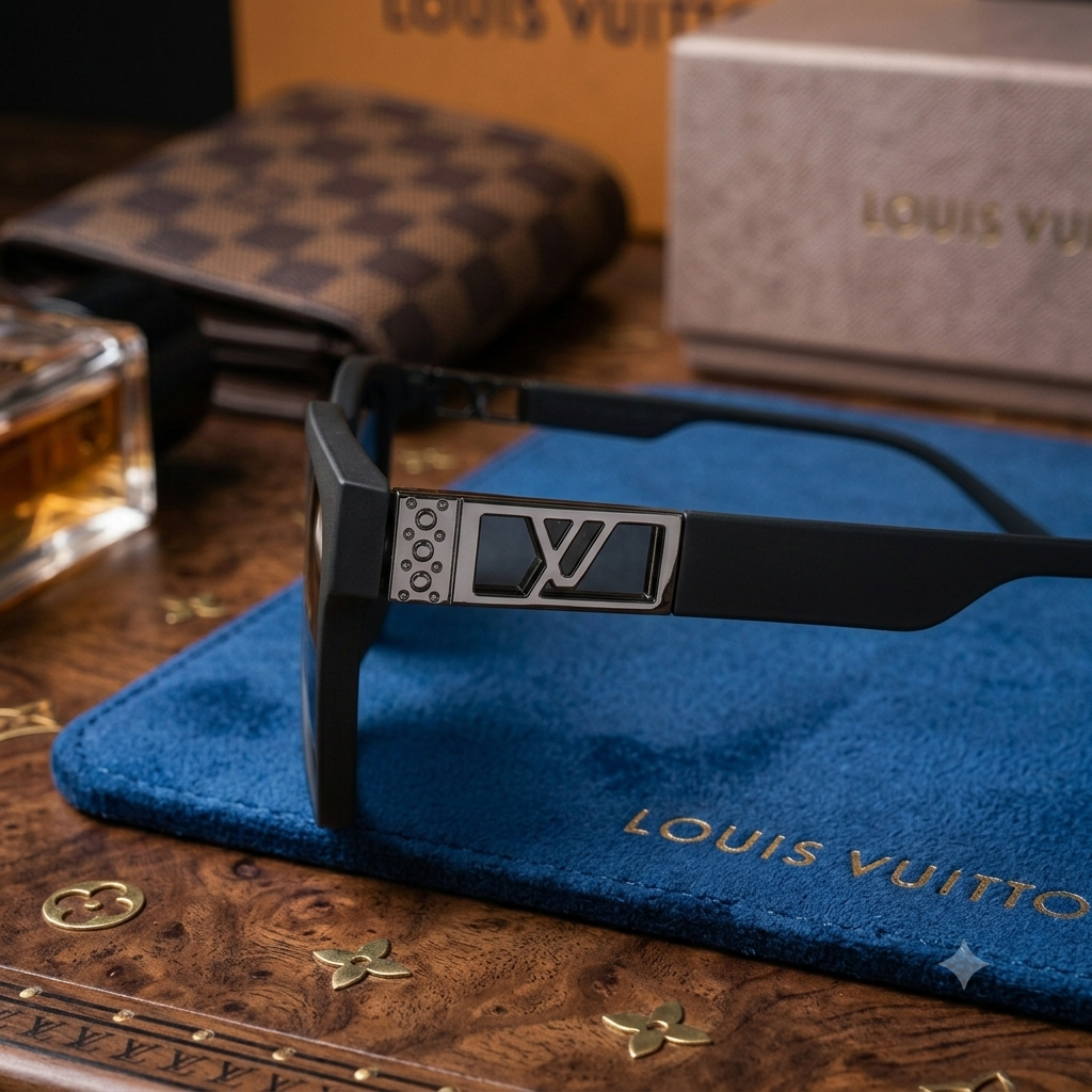 Louis Vuitton sunglasses with a black frame and silver-tone metal details,
