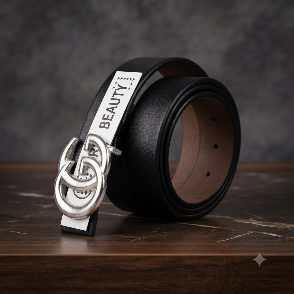A black leather belt with a large silver interlocking double-ring buckle and a white keeper strap printed with the word 'BEAUTY', displayed on a dark wooden surface against a textured gray background.
