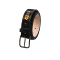 A black leather belt with a dark metal buckle, rolled up