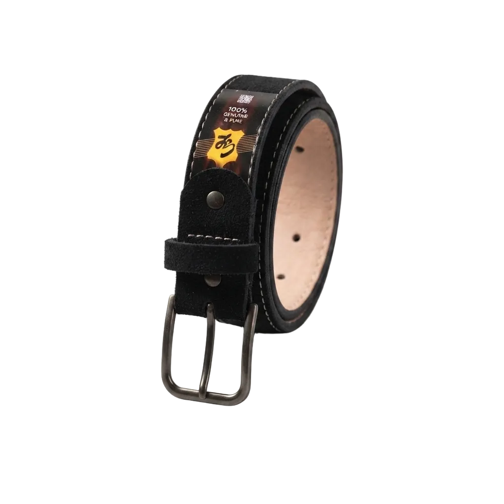 A black leather belt with a dark metal buckle, rolled up