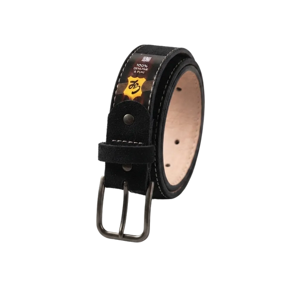 A black leather belt with a dark metal buckle, rolled up