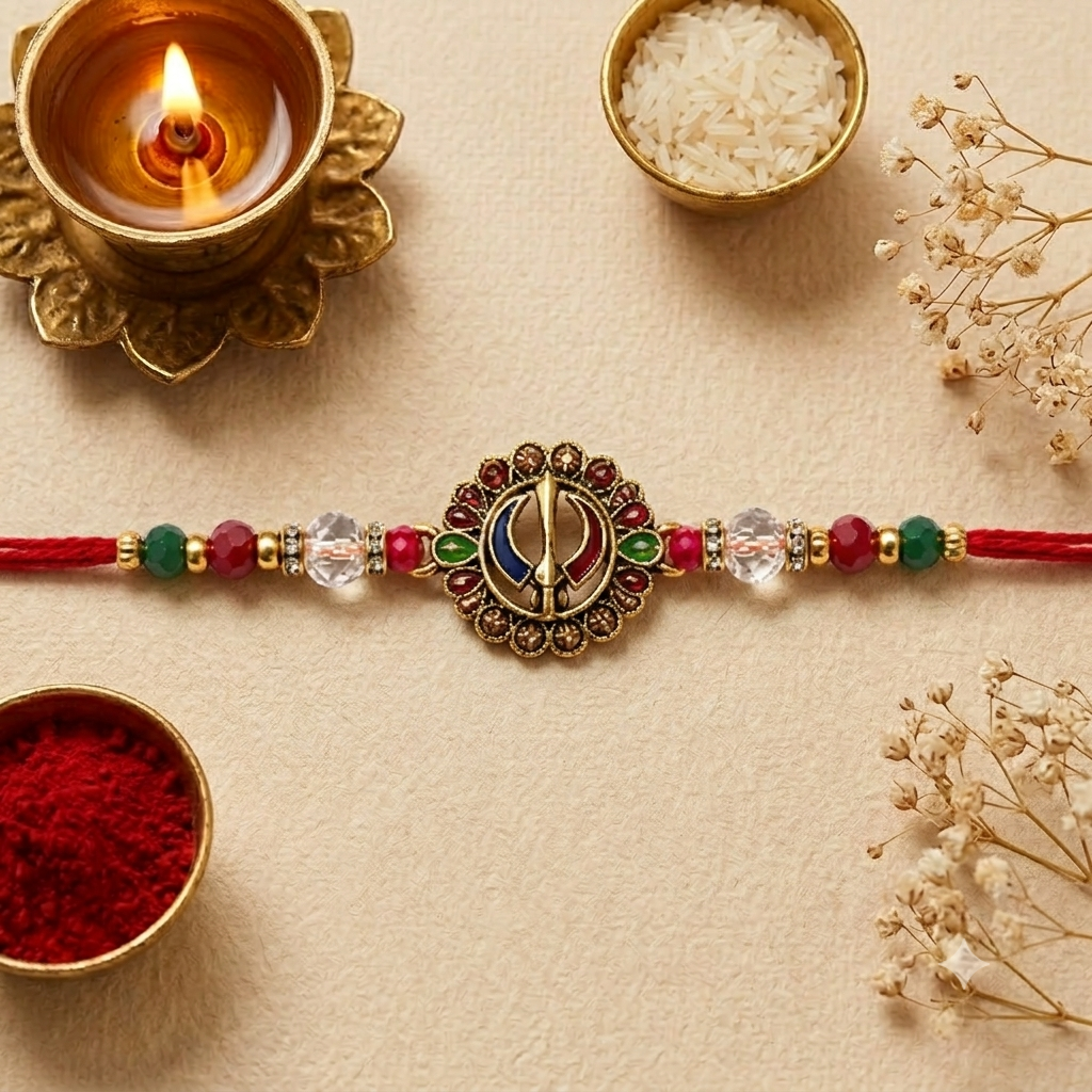Golden Khanda Rakhi with Crystal Beads for Raksha Bandhan