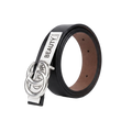 A black leather belt with a wide silver-tone interlocking double-ring buckle and a white paper label that reads 'BEAUTY', photographed on a clean white background.
