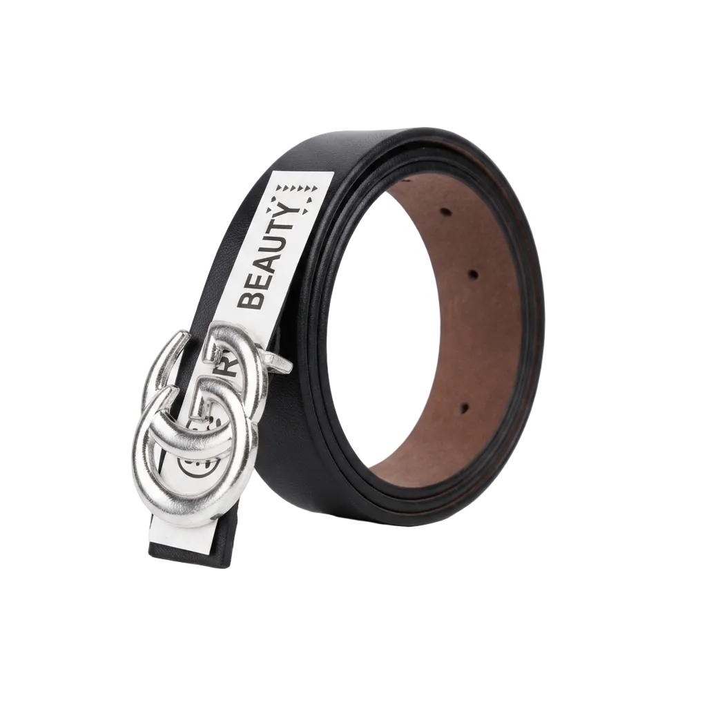 A black leather belt with a wide silver-tone interlocking double-ring buckle and a white paper label that reads 'BEAUTY', photographed on a clean white background.