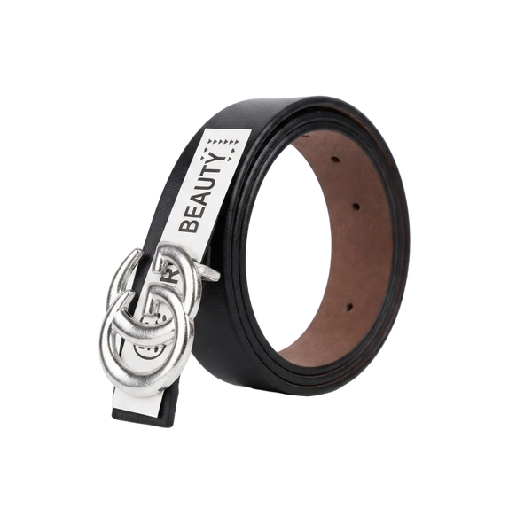 A black leather belt with a wide silver-tone interlocking double-ring buckle and a white paper label that reads 'BEAUTY', photographed on a clean white background.