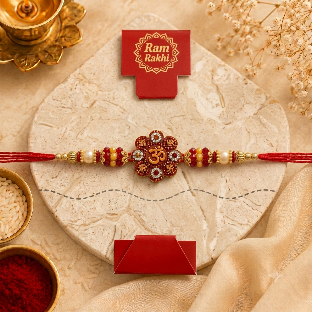 Premium Ram Rakhi Gift Box – Traditional Beaded Rakhi Set for Brothers