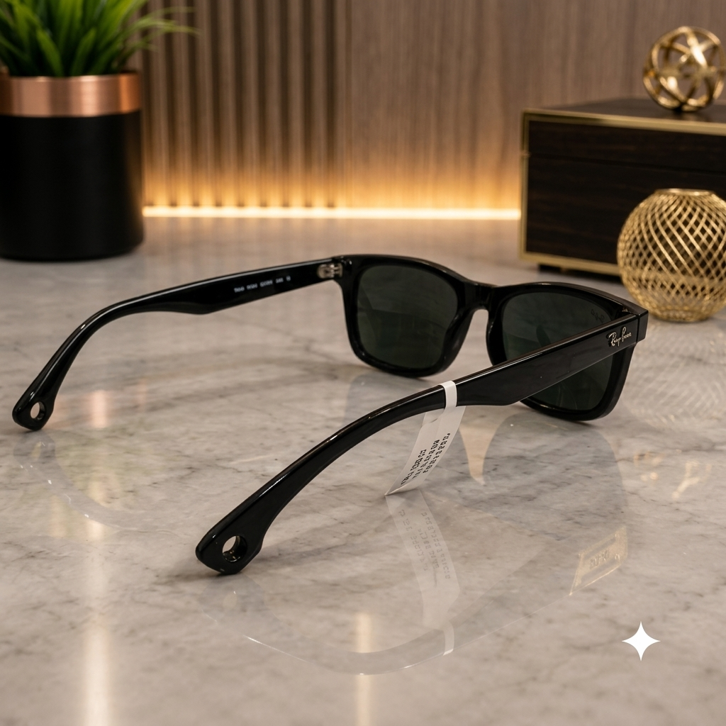 Black Ray-Ban Wayfarer-style sunglasses with dark lenses and a white price tag, displayed on a polished marble surface with a warm, modern background.
