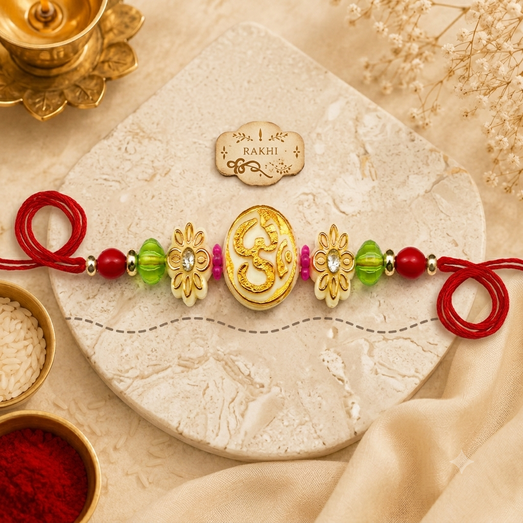 Om Rakhi with Green Beads & Floral Design | Traditional Raksha Bandhan Rakhi