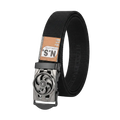 A black nylon web belt with a silver-toned automatic
