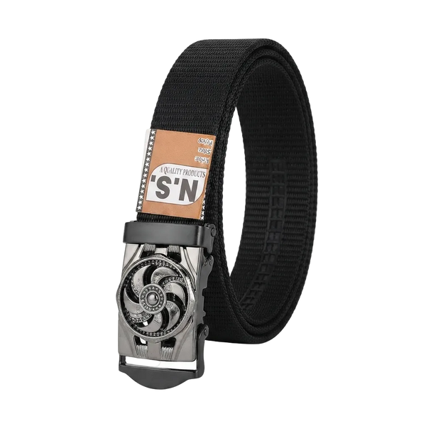 A black nylon web belt with a silver-toned automatic