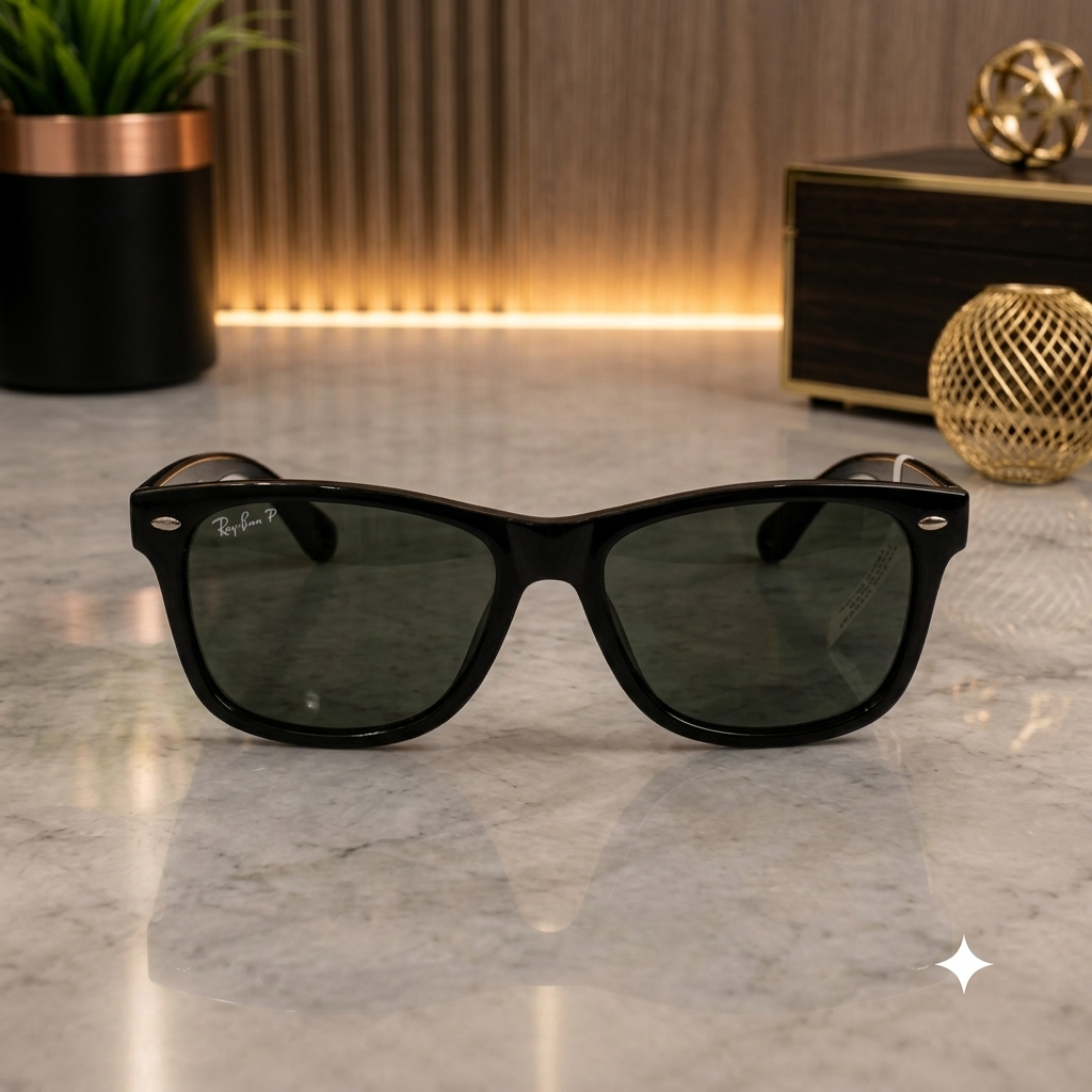 Black Ray-Ban Wayfarer-style sunglasses with dark tinted lenses, displayed on a polished marble surface with a warm, modern background.