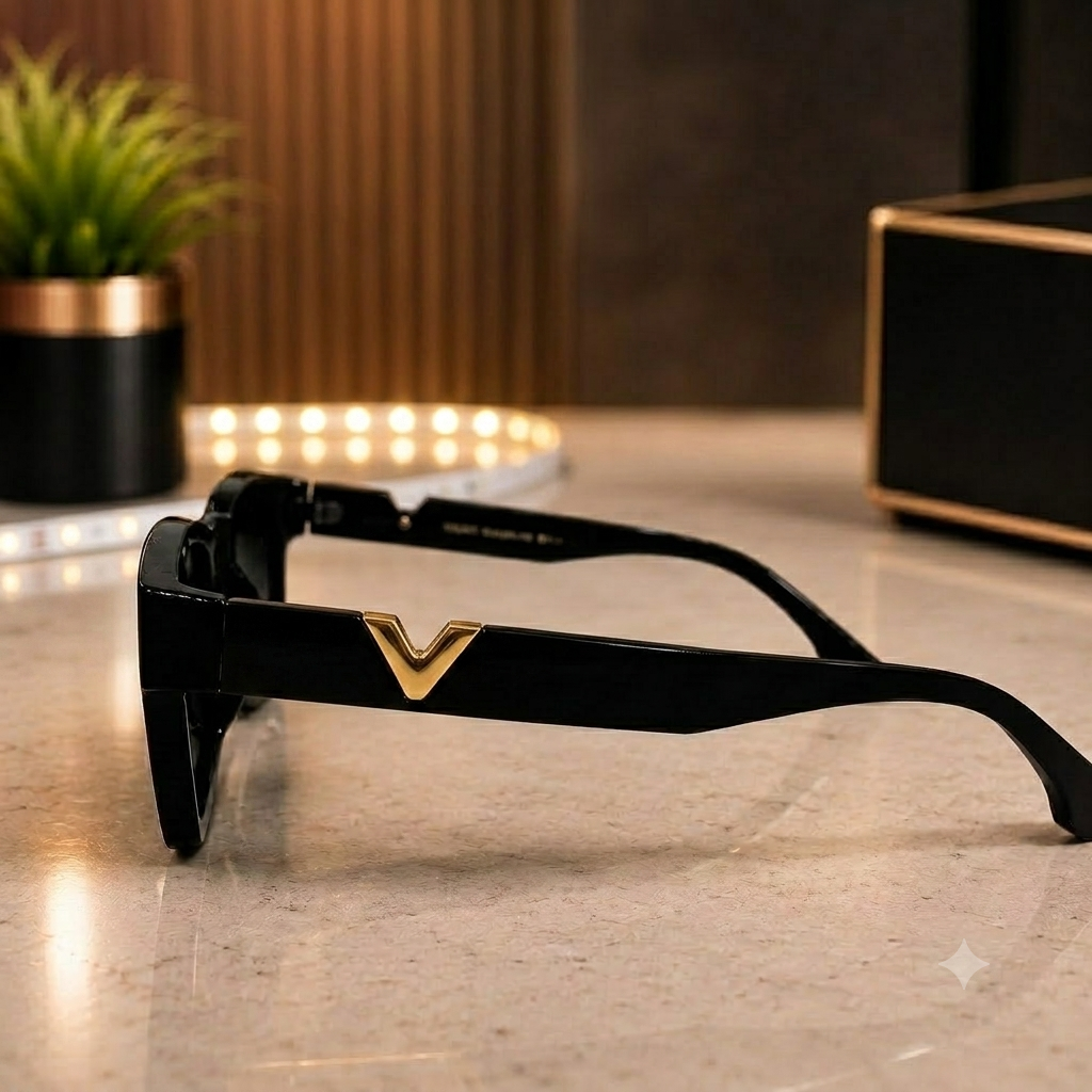 Premium Black Square Sunglasses with Gold V Accent