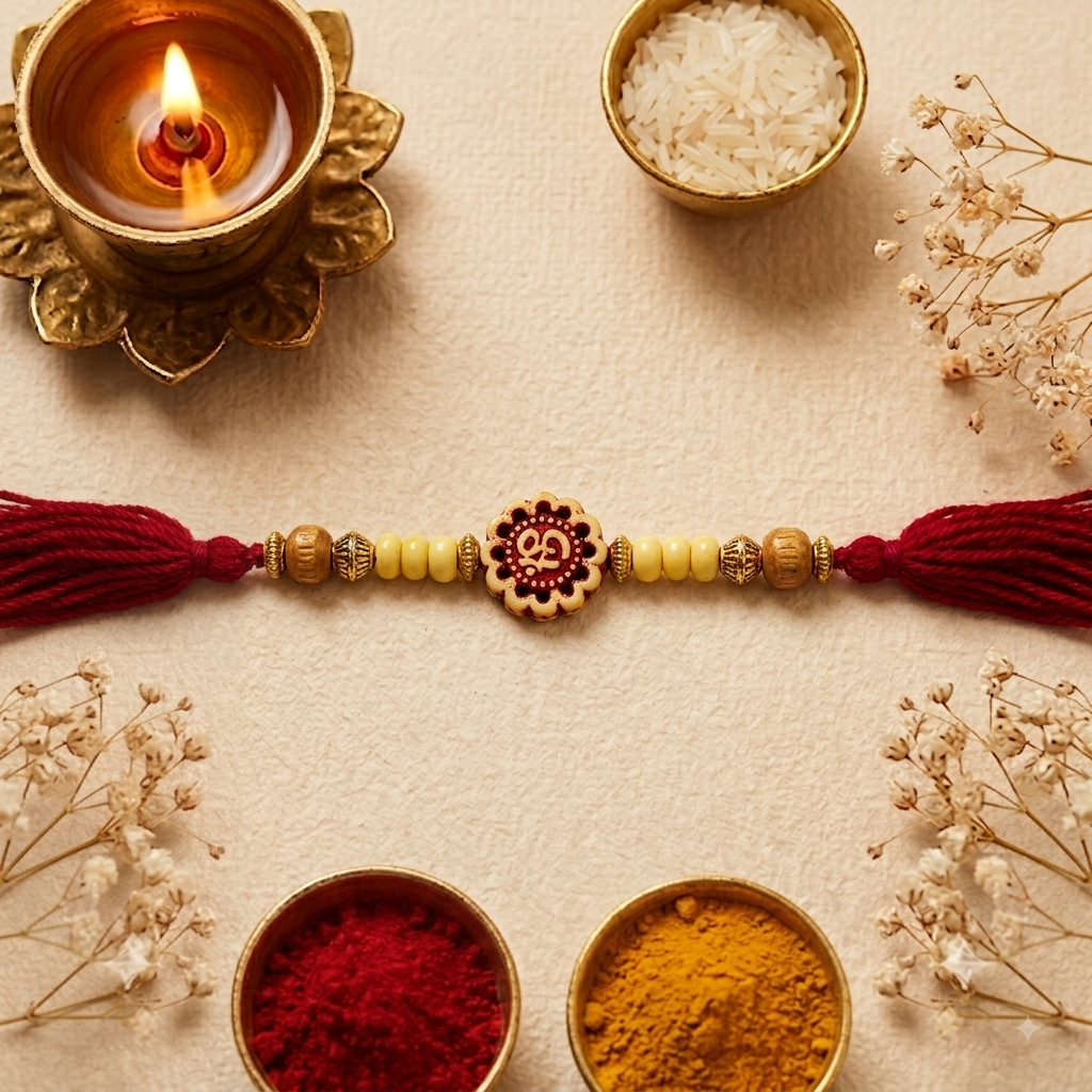 Handcrafted Om Beads Rakhi with Wooden Beads & Red Tassel | Traditional Rakhi for Brother