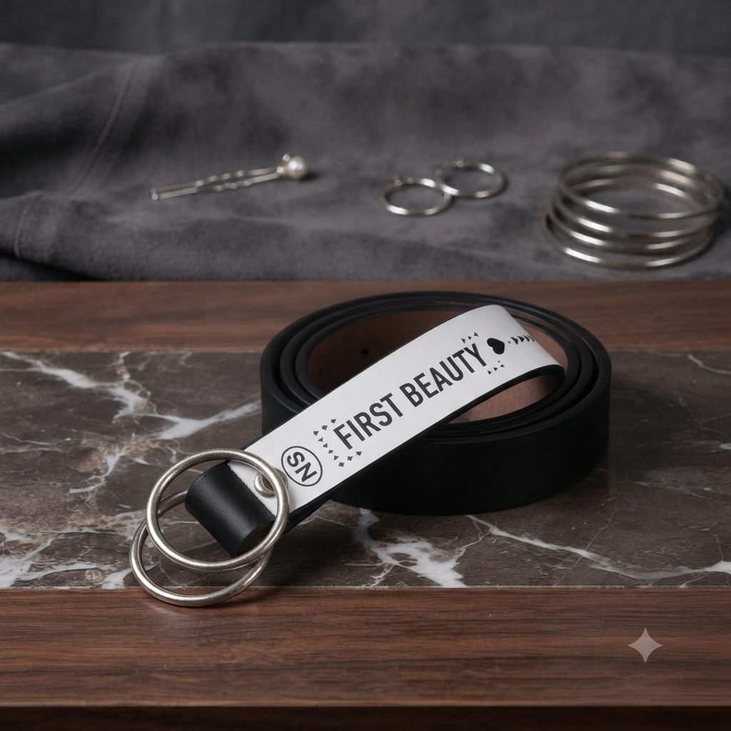 A black belt with a white strap insert printed with 'FIRST BEAUTY' and a silver double-ring clasp, styled on a wooden surface with a gray fabric backdrop and metal accessories.