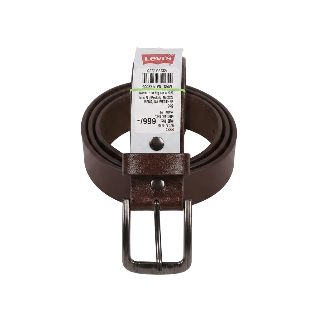 A brown leather belt with a dark metal buckle,