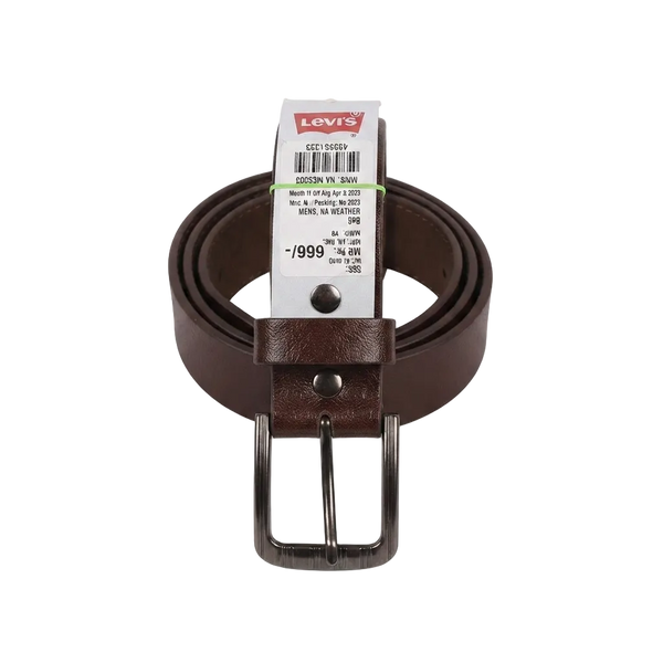 A brown leather belt with a dark metal buckle,