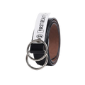 A black leather belt with a white strap insert printed with 'FIRST BEAUTY' and 'SN' in black, featuring two silver metal keyring loops, shown on a clean white background.