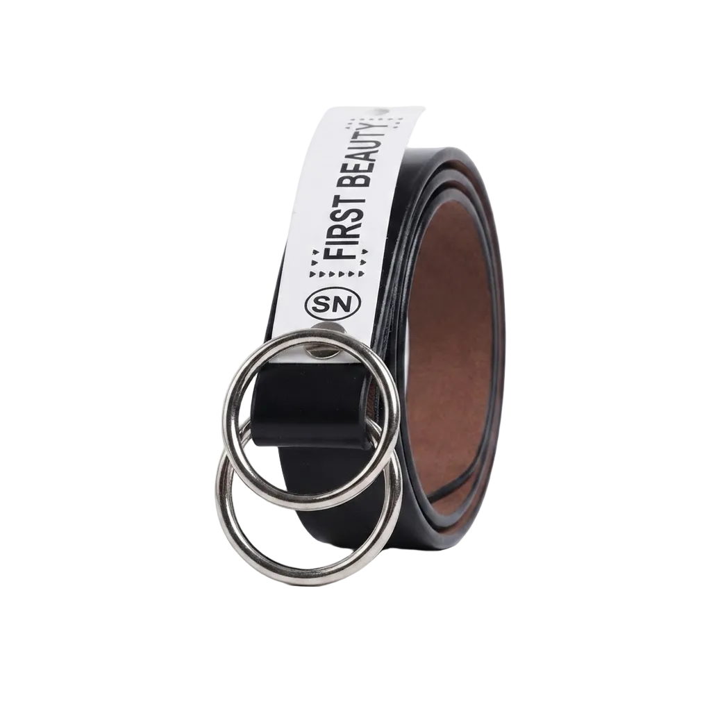 A black leather belt with a white strap insert printed with 'FIRST BEAUTY' and 'SN' in black, featuring two silver metal keyring loops, shown on a clean white background.