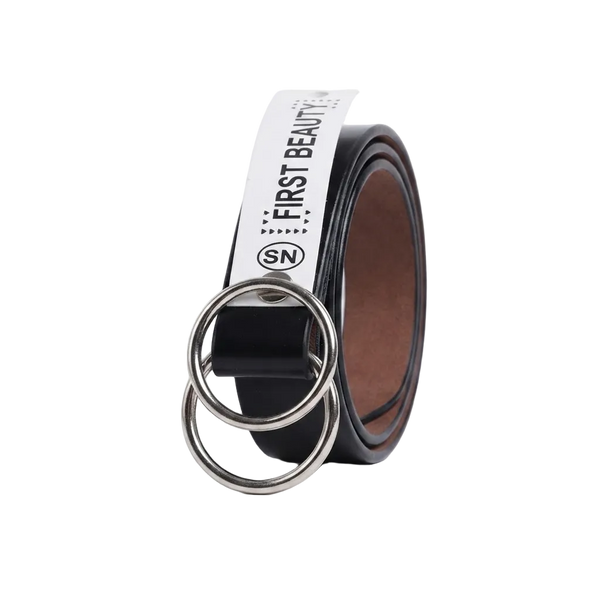 A black leather belt with a white strap insert printed with 'FIRST BEAUTY' and 'SN' in black, featuring two silver metal keyring loops, shown on a clean white background.