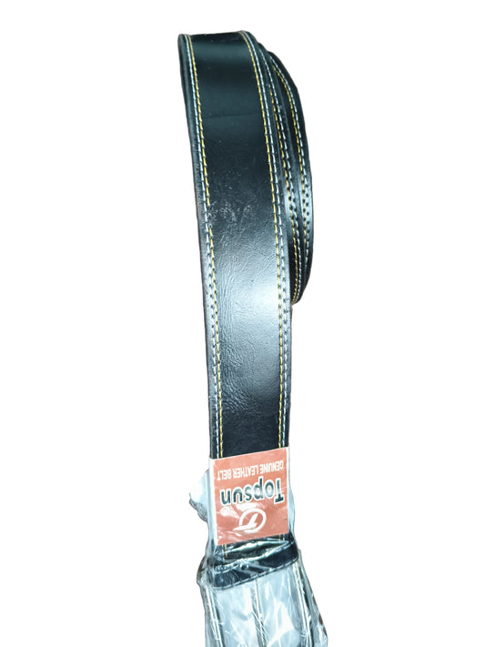 Black leather belt with a visible brand tag on a wooden surface
