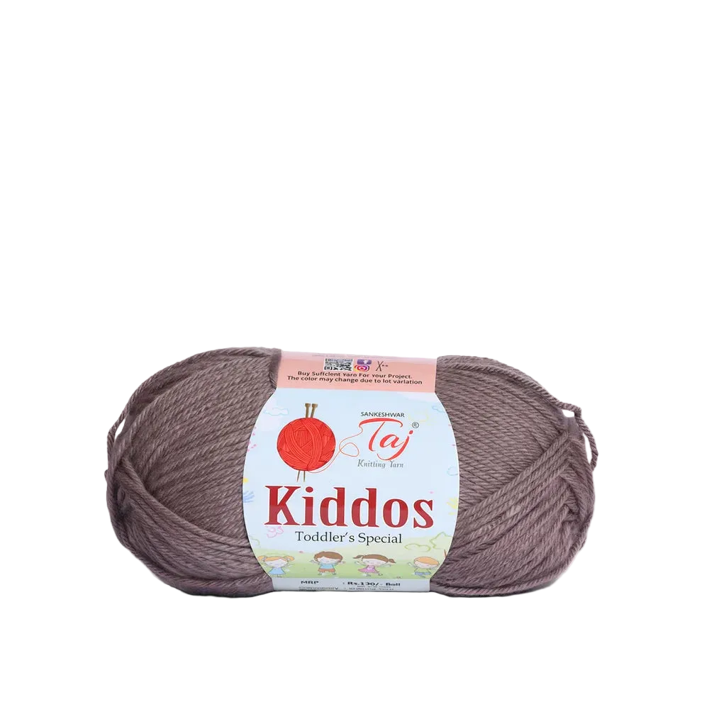 A skein of Taj Kiddos Toddler's Special yarn in a dusty mauve-brown shade