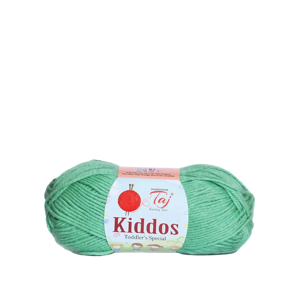 A skein of mint green yarn with a white paper label 