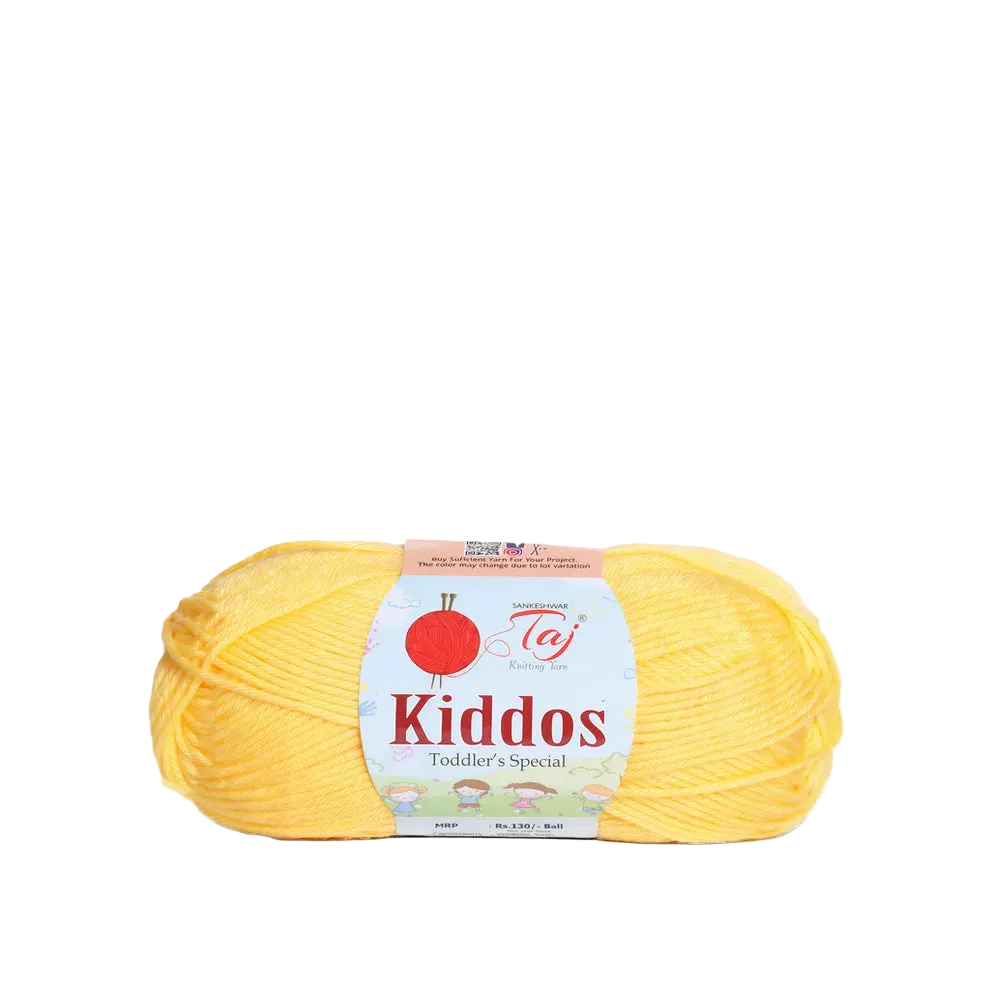 A skein of yellow yarn with a paper label reading 'Kiddos Toddler's Special'