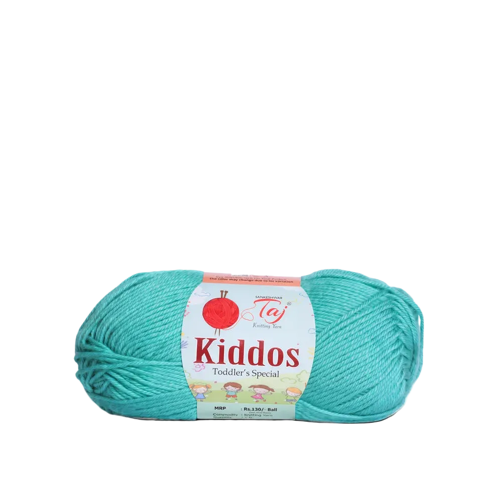 A skein of turquoise yarn with a white paper label