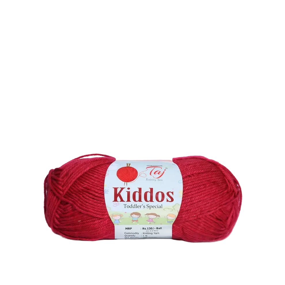 A skein of bright red yarn with a white paper label reading 'Kiddos Toddler's Special'