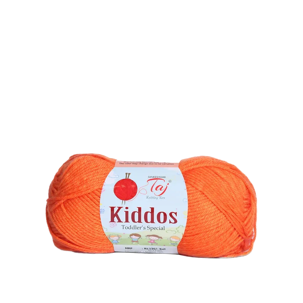 A skein of bright orange yarn with a white paper label reading 'Kiddos Toddler's Special'