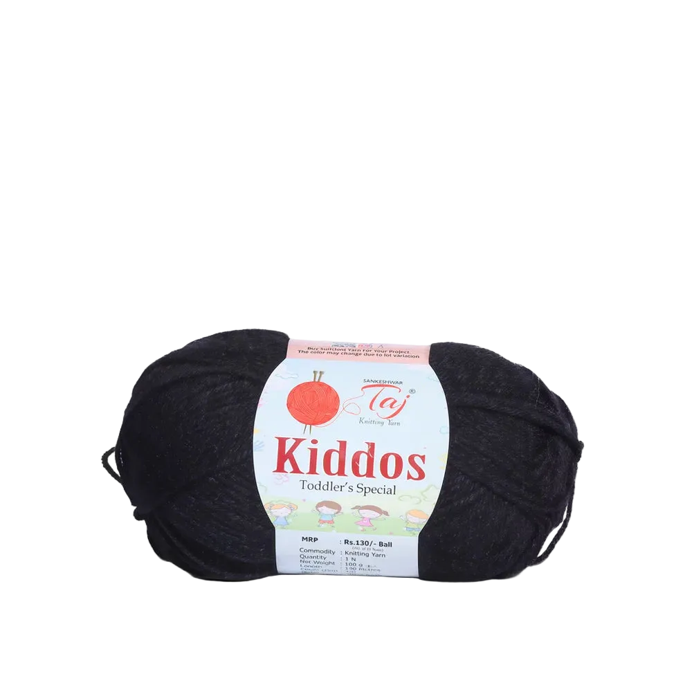 A ball of black yarn with a white paper label reading 'Kiddos Toddler's Special'
