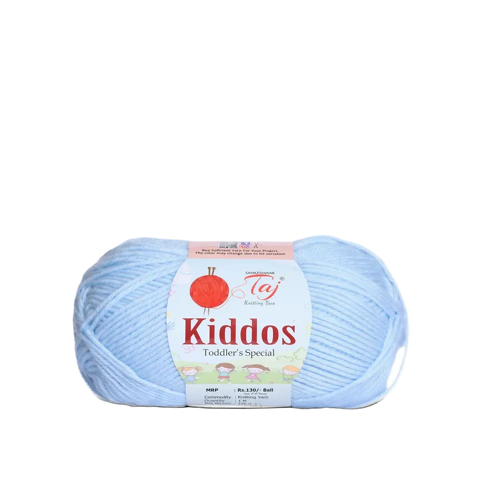 A single skein of light blue yarn with a paper label