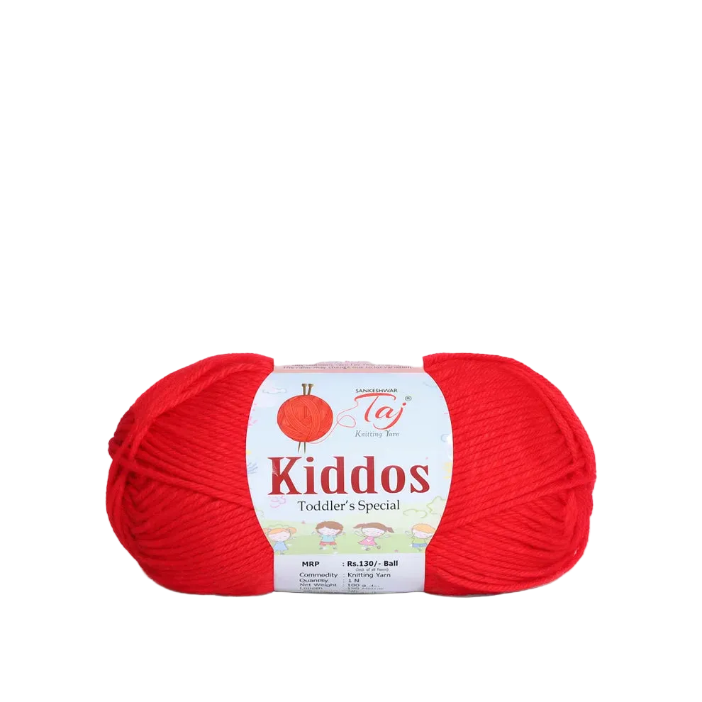 A ball of bright red yarn with a white paper label reading 'Kiddos Toddler's Special' 