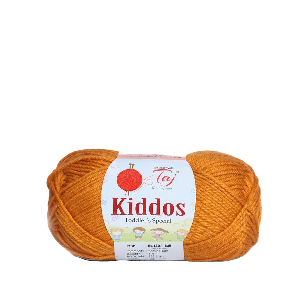 A single skein of mustard yellow yarn with a white paper label reading 'Kiddos Toddler's Special' 