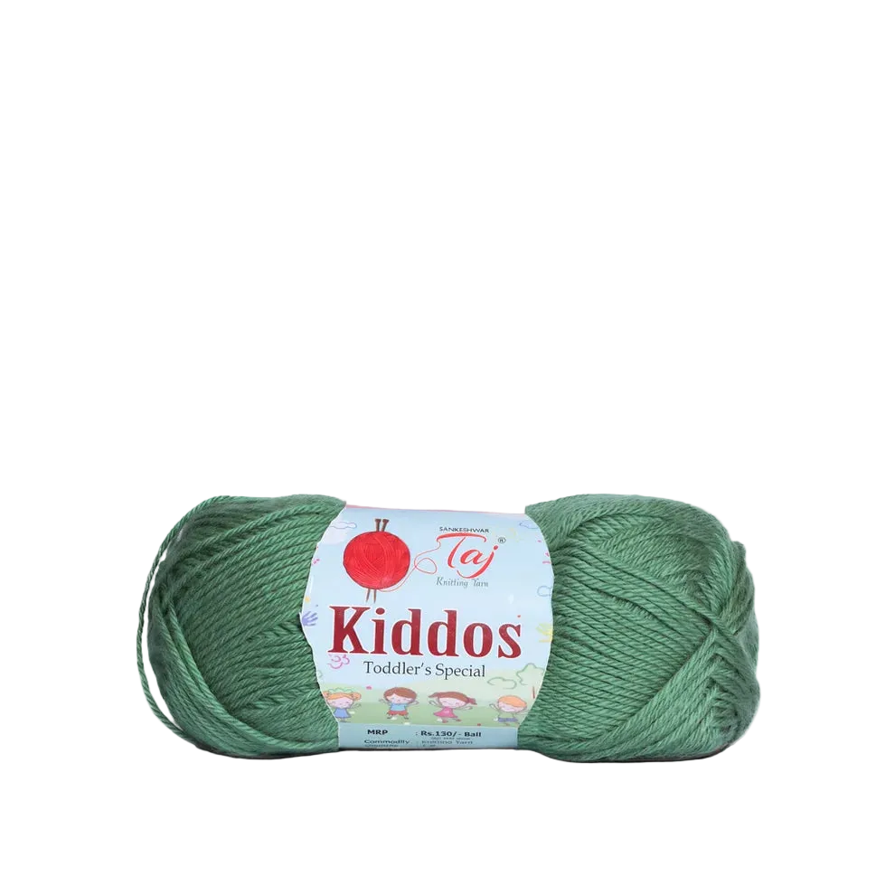 A skein of green yarn with a paper label that reads 'Kiddos Toddler's Special'