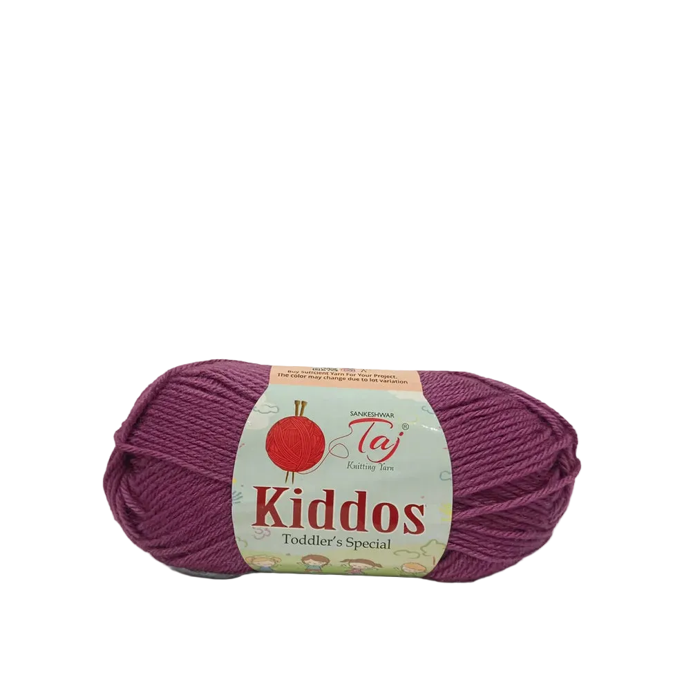 A skein of purple yarn with a paper label reading 'Kiddos Toddler's Special' 