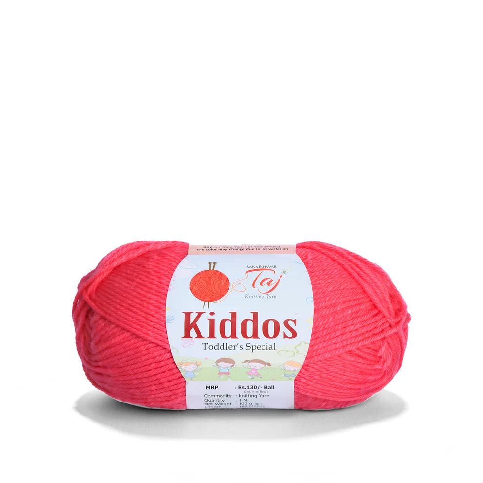 A single skein of bright pink yarn with a white paper label reading 'Kiddos Toddler's Special' 
