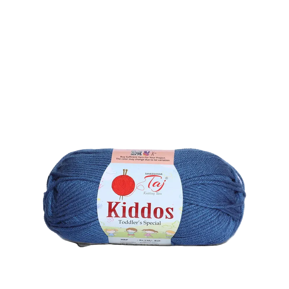 A single skein of blue yarn with a white, pink, and red paper label reading 'Kiddos Toddler's Special'