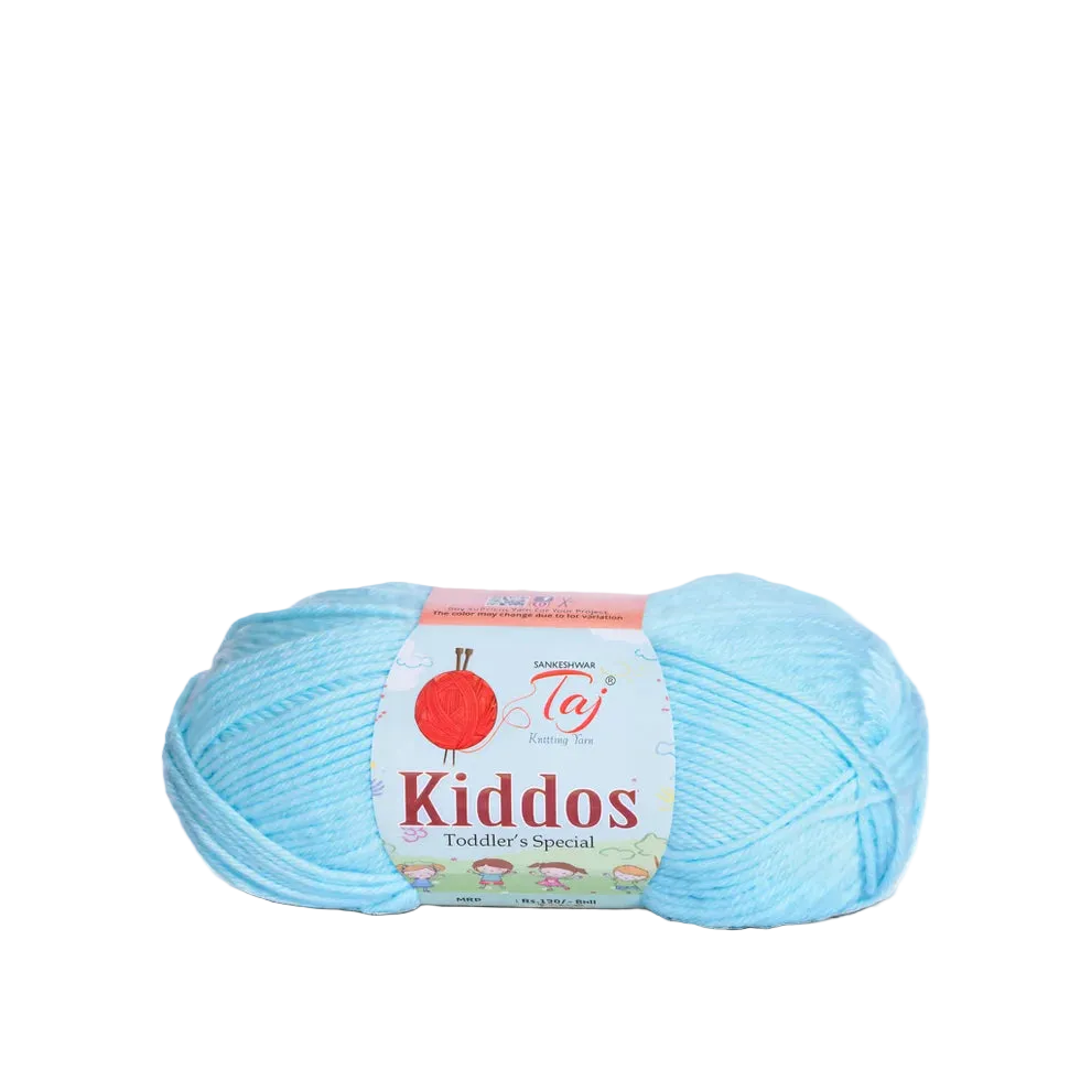 A skein of light blue yarn with a paper label reading 'Kiddos Toddler's Special'